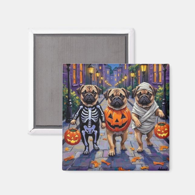 Pug Dogs Trick-or-Treating in Halloween Costumes Magnet (Front/Back)