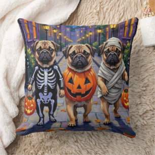 Pug Dogs Trick-or-Treating in Halloween Costumes Throw Pillow