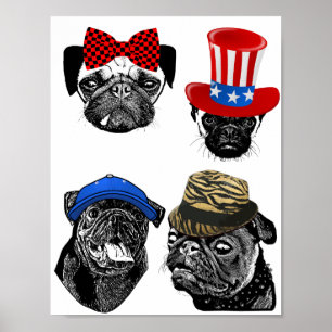 Pug Dogs Wearing Hats and a bow Original pet Art Poster