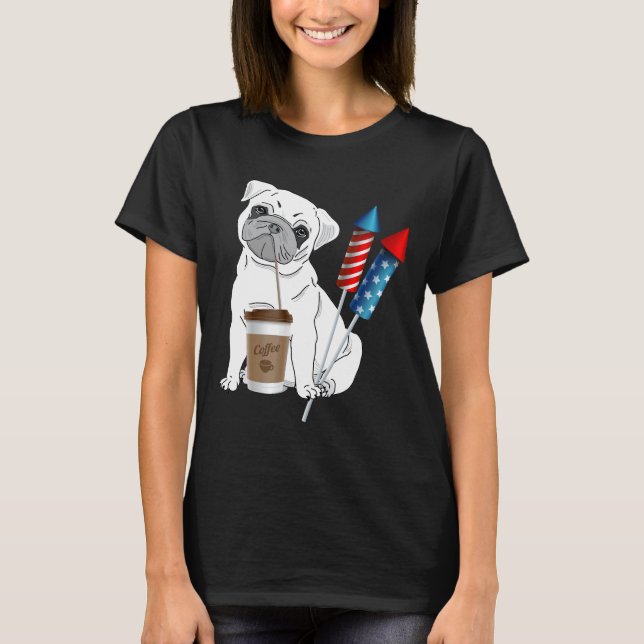 Pug Drinking Coffee with Fireworks Classic  715 T-Shirt (Front)