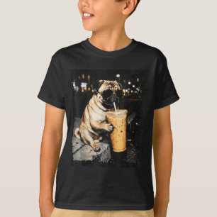 Pug drinking iced coffee cool dog glasses funny T-Shirt