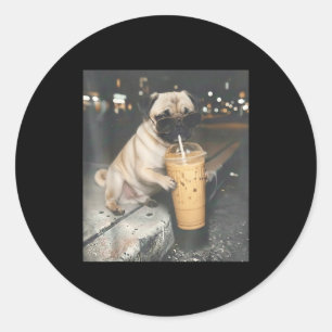 Pug drinking iced coffee funny animal meme dog pug classic round sticker