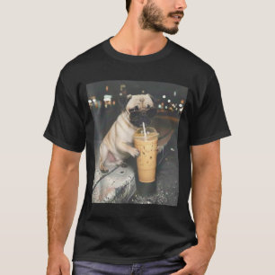 Pug drinking iced coffee funny animal meme dog pug T-Shirt