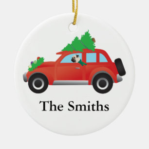 Pug Driving a car with a Christmas tree on top Ceramic Ornament