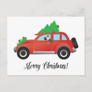 Pug Driving Car with Christmas Tree on Top Holiday Postcard