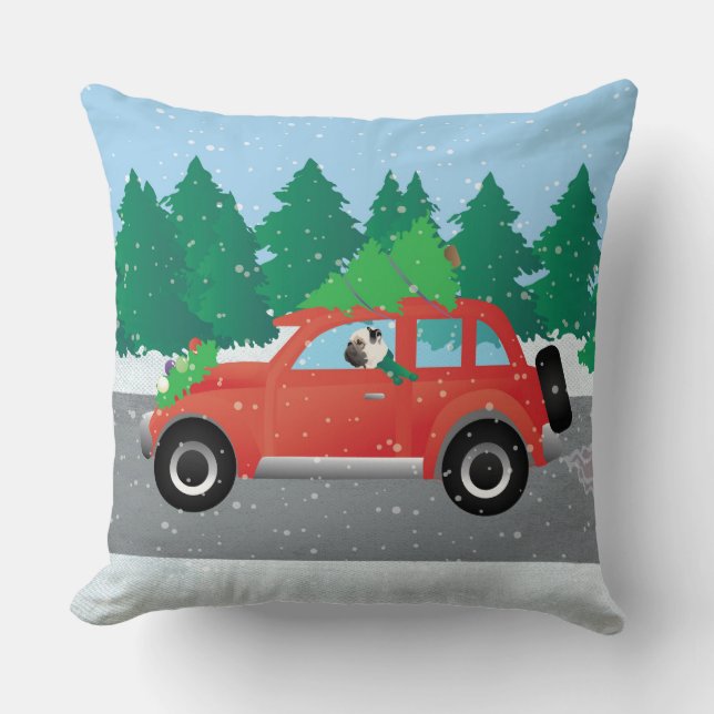 Pug Driving Car with Christmas Tree on Top Throw Pillow (Front)
