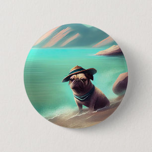 Pug enjoying on beach painting art 2 inch round button