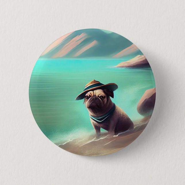 Pug enjoying on beach painting art 2 inch round button (Front)