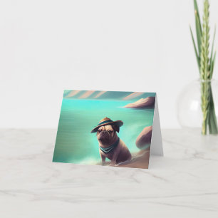 Pug enjoying on beach painting art card