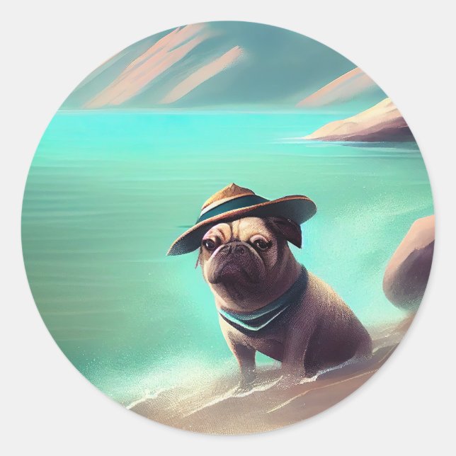 Pug enjoying on beach painting art classic round sticker (Front)