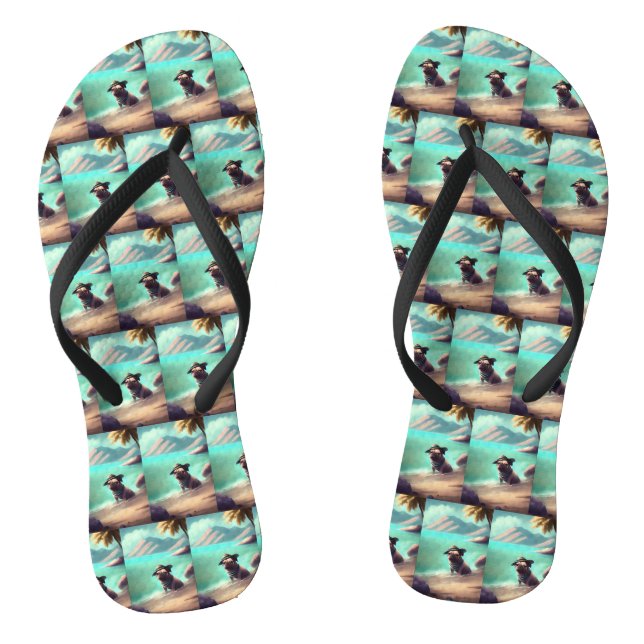 Pug enjoying on beach painting art flip flops (Footbed)