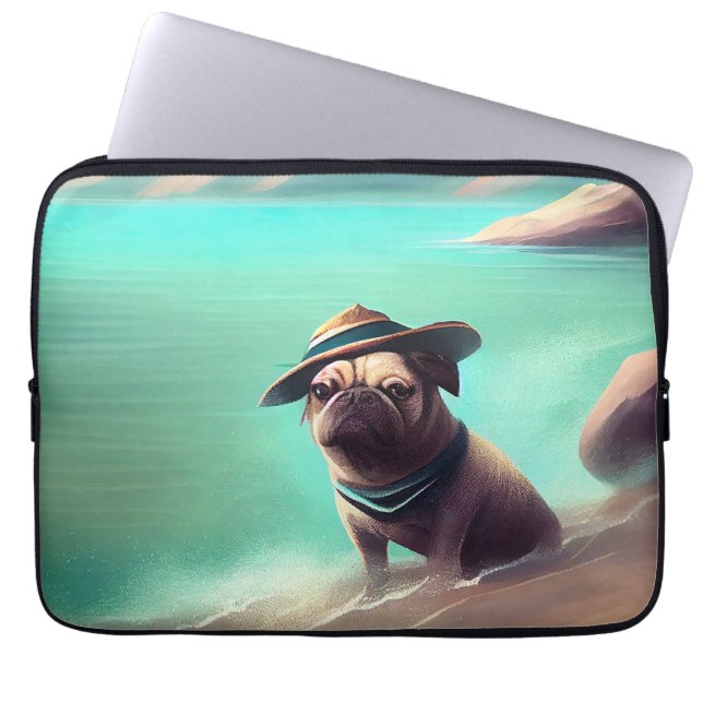 Pug enjoying on beach painting art laptop sleeve (Front)