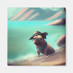 Pug enjoying on beach painting art magnet