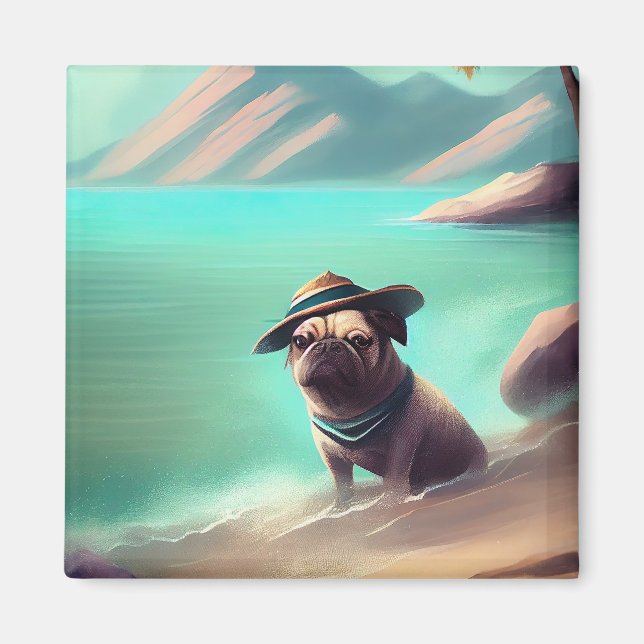 Pug enjoying on beach painting art magnet (Front)