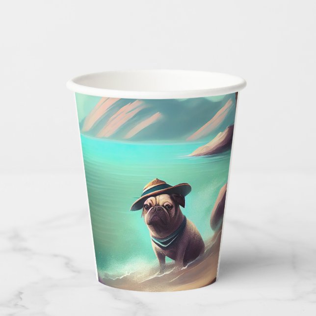 Pug enjoying on beach painting art paper cups (Front)