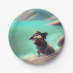 Pug enjoying on beach painting art paper plate