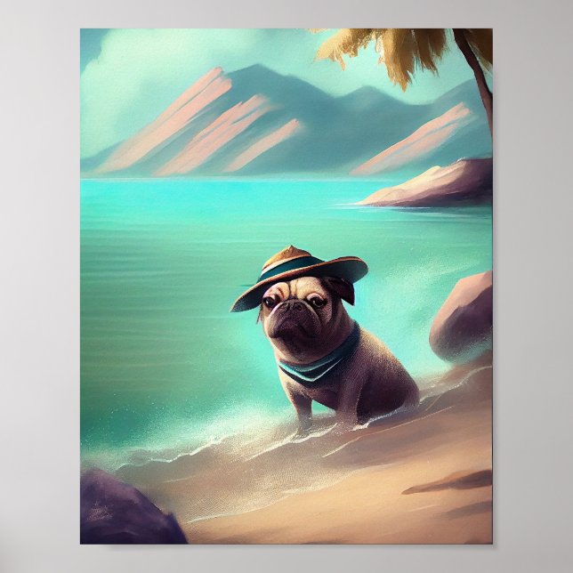 Pug enjoying on beach painting art  poster (Front)