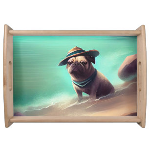 Pug enjoying on beach painting art serving tray