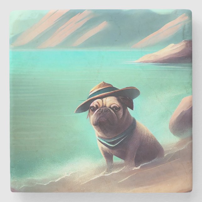 Pug enjoying on beach painting art stone coaster (Front)