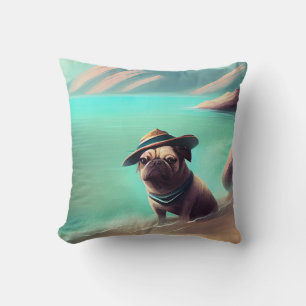 Pug enjoying on beach painting art throw pillow