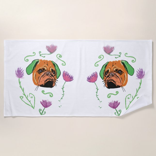 Pug Face, Dog Art Beach Towel (Front)