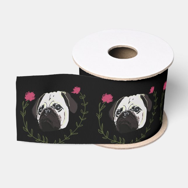 Pug Face, Dog Art Grosgrain Ribbon (Spool)