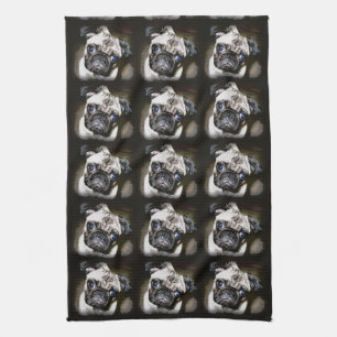 pug faces black kitchen towel
