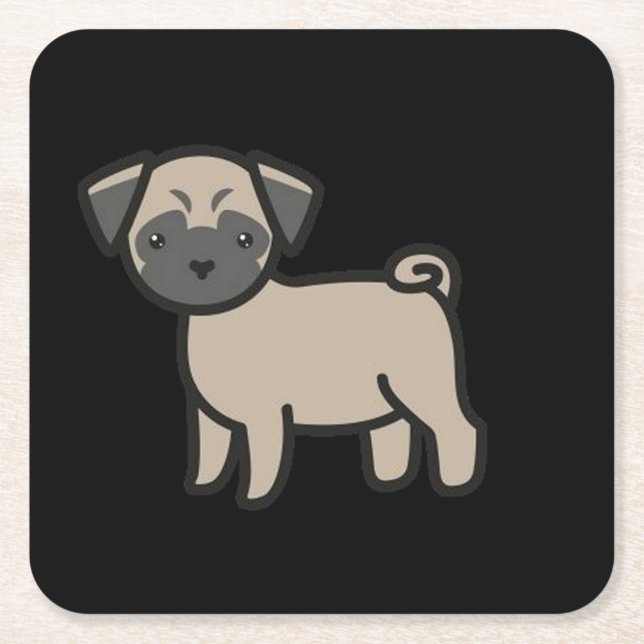 Pug Fawn Cartoon Square Paper Coaster (Front)