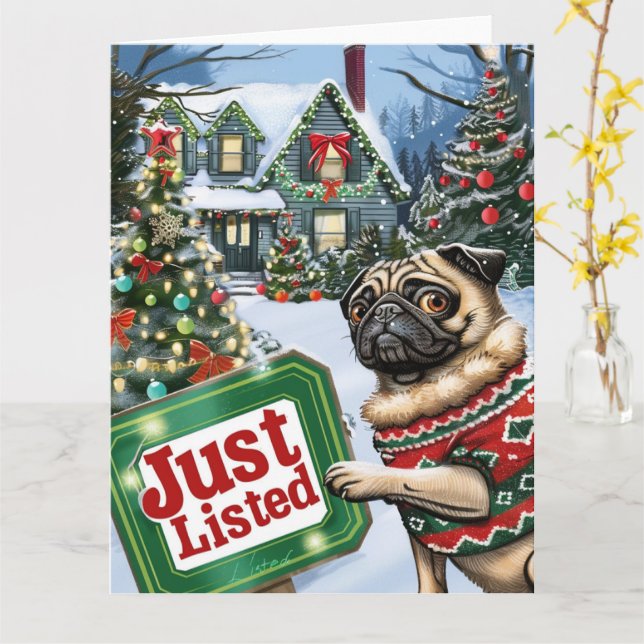 Pug Festive Humour Realtor Christmas Card (Yellow Flower)