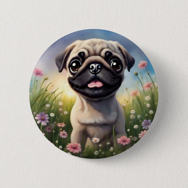 Pug Flowers 2 Inch Round Button (Front)