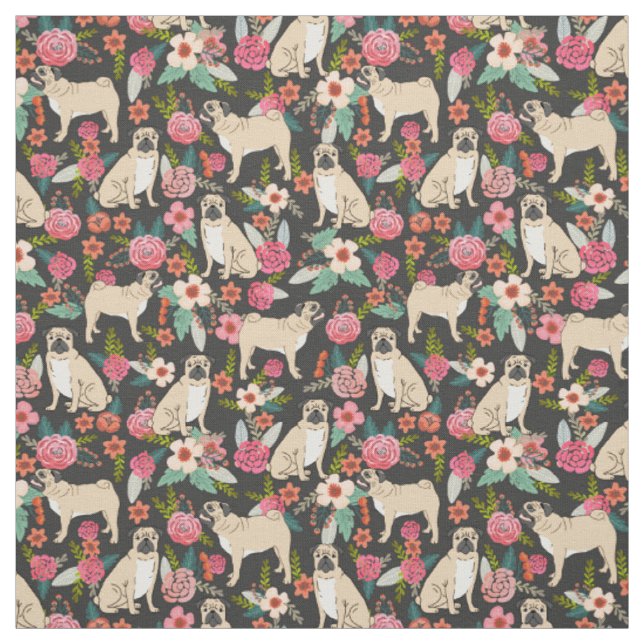 Pug Flowers florals design fabric (Swatch)