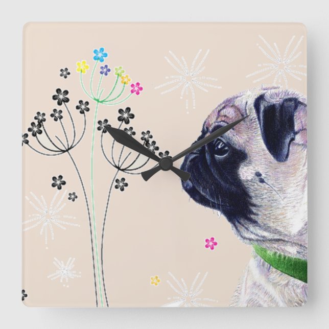 Pug & Flowers Wall Clock (Front)