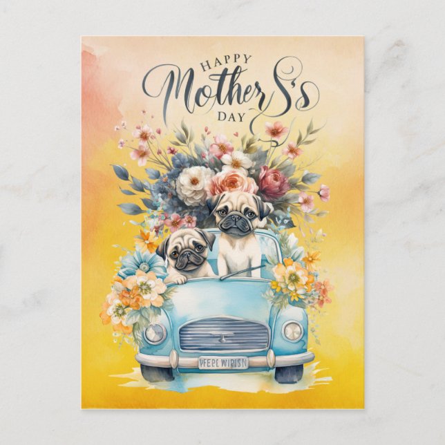 Pug for Mother's Day with flowers for dog lovers Holiday Postcard (Front)