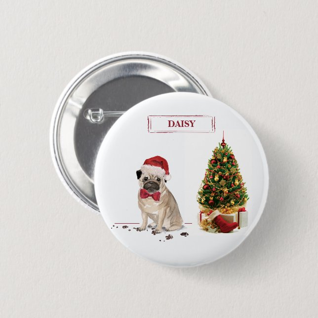 Pug Funny Christmas Dog with Tree 2 Inch Round Button (Front & Back)