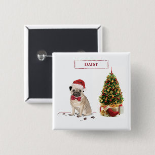 Pug Funny Christmas Dog with Tree 2 Inch Square Button
