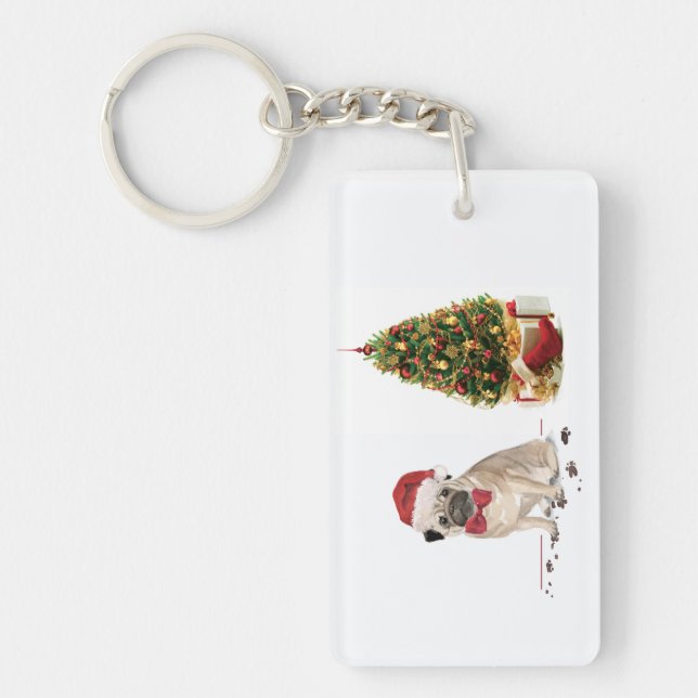 Pug Funny Christmas Dog with Tree Keychain (Front)