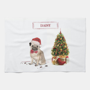 Pug Funny Christmas Dog with Tree Kitchen Towel