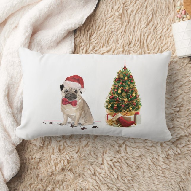 Pug Funny Christmas Dog with Tree Lumbar Pillow (Blanket)