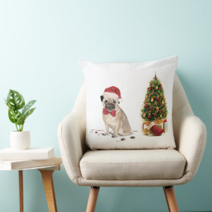 Pug Funny Christmas Dog with Tree Throw Pillow