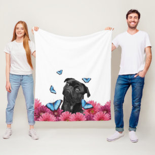 Pug Gerbera Butterflies Cute Black Dog Fleece Blanket