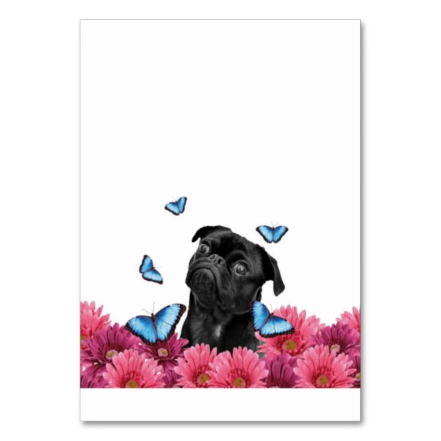 Pug Gerbera Butterflies | Cute Black Dog Table Number (Front)