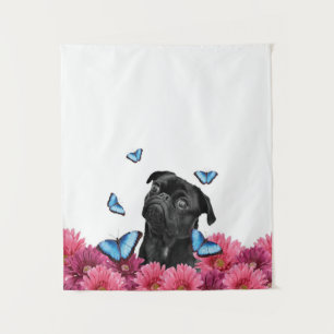 Pug Gerbera Butterflies   Cute Black Dog Tapestry