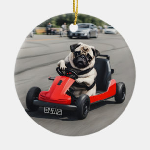 Pug go-kart racing ceramic ornament