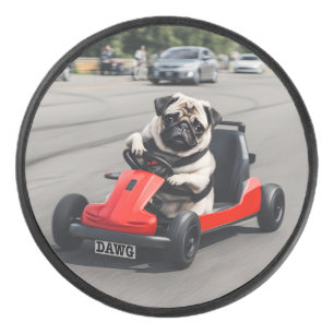Pug go-kart racing hockey puck