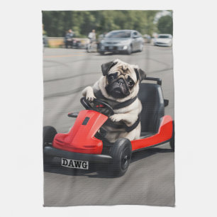 Pug go-kart racing kitchen towel