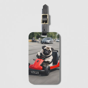 Pug go-kart racing luggage tag