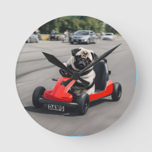 Pug go-kart racing round clock