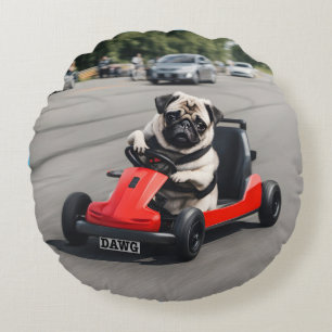 Pug go-kart racing round pillow