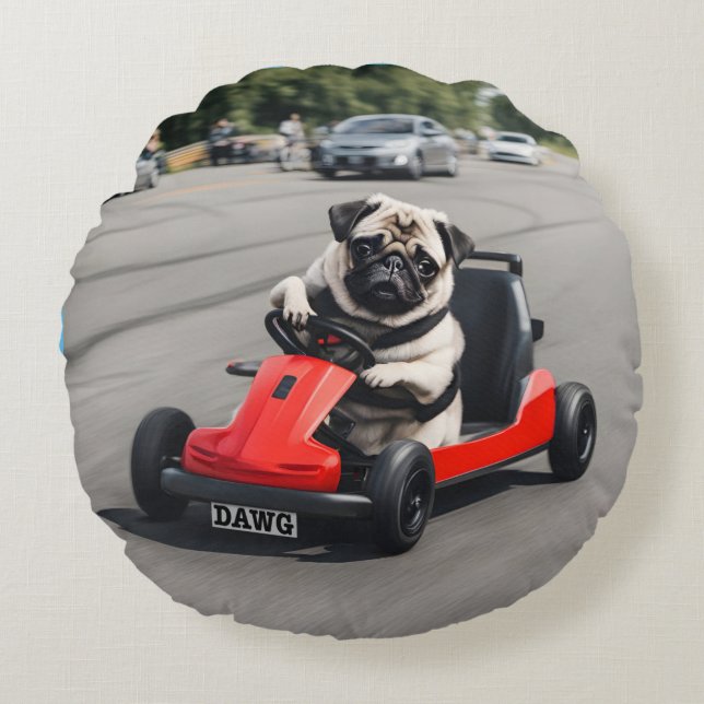 Pug go-kart racing round pillow (Front)