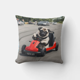 Pug go-kart racing throw pillow